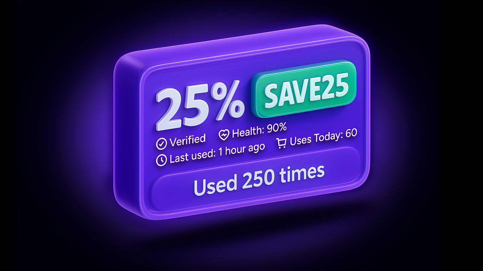 Anatomy of a code for SimplyCodes, displaying a promo codes verification, coupon health, amount that's discounted, when the coupon was last used, and how many uses it had today