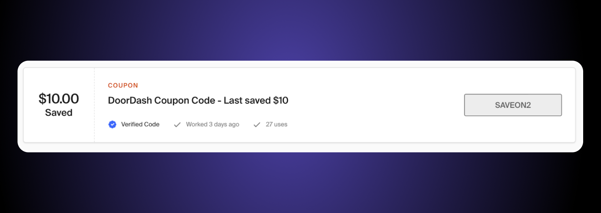 Screenshot of using code SAVEON2 for Honey for DoorDash