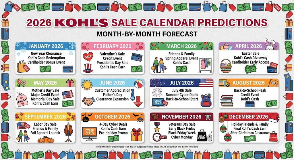 2026 Kohl's Sale Calendar Predictions infographic displaying a month-by-month schedule of anticipated sales events, ranging from the New Year Clearance in January to Black Friday and Holiday sales in November and December.