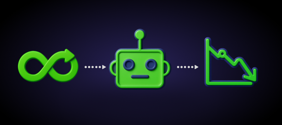 Circular arrow (infinity loop), computer/robot icon, decreasing graph line. Three simple elements showing recursive degradation.