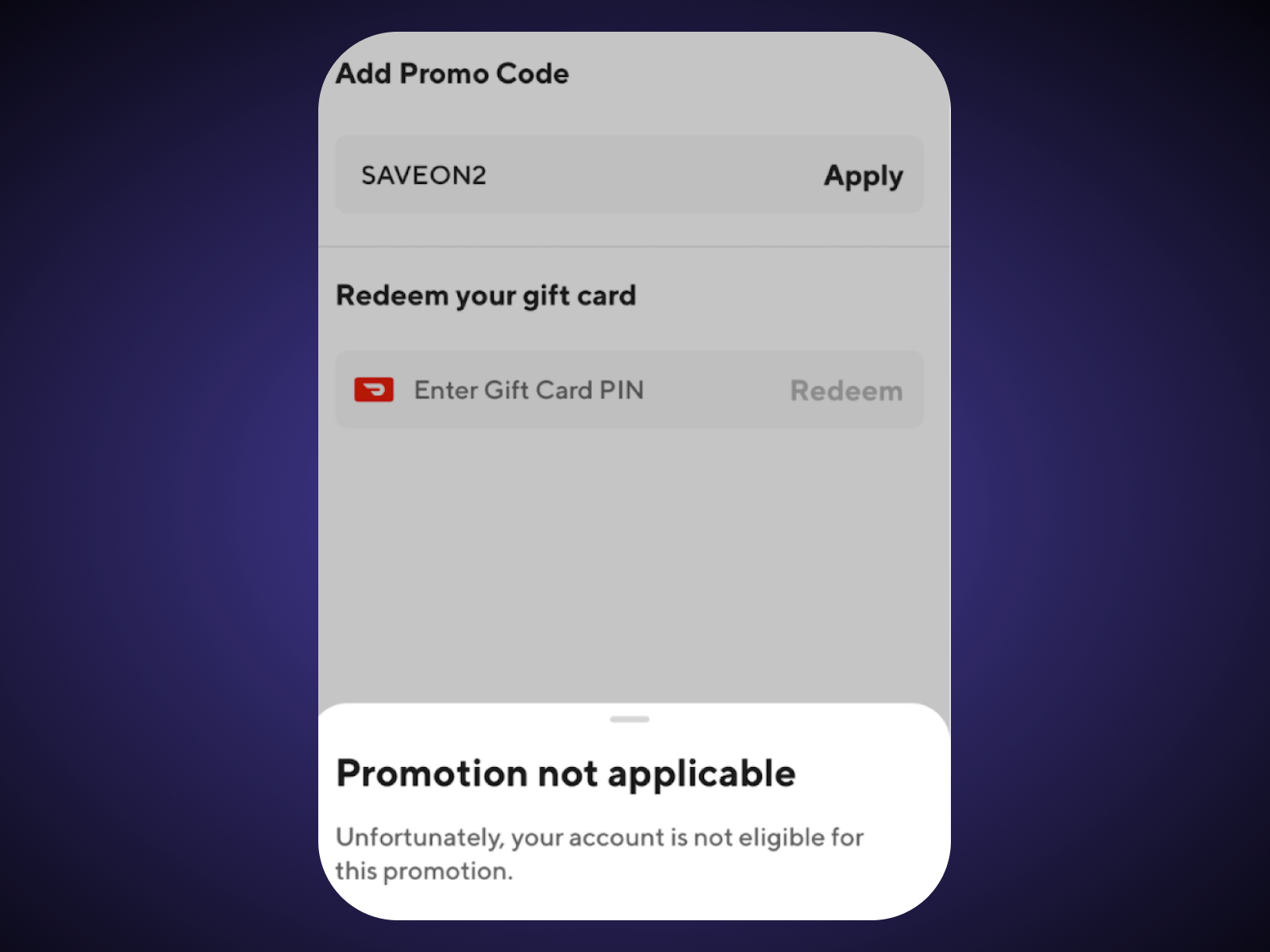Screenshot of using code SAVEON2 for Honey for DoorDash but the code failing