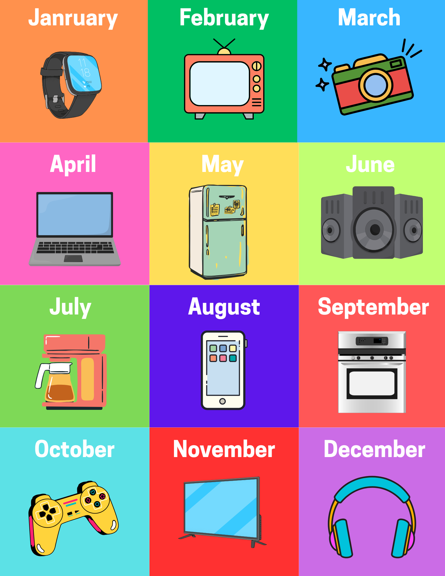 Best Buy sale calendar for 2025 showing the best items to purchase for each month due to sales