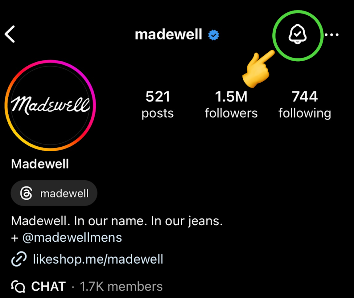 Pointer at Instagram notification bell