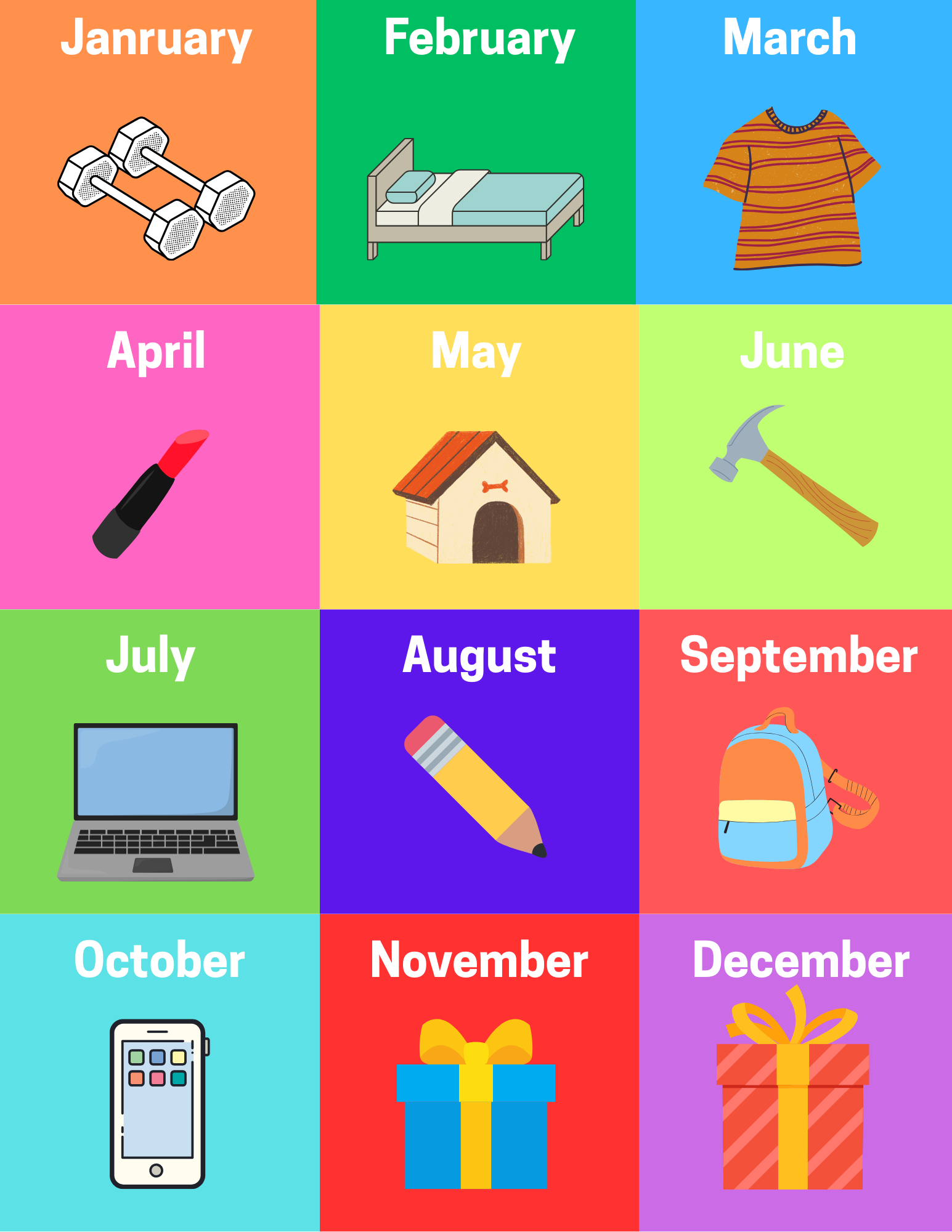 Best items to shop at Amazon for each month showing Jan for workout equipment, Feb for beds, March for apparel, April for makeuk, May for pets, June for tools, July and Oct for electronics, Aug and sep for school, and Nov and Dec for Christmas gifts
