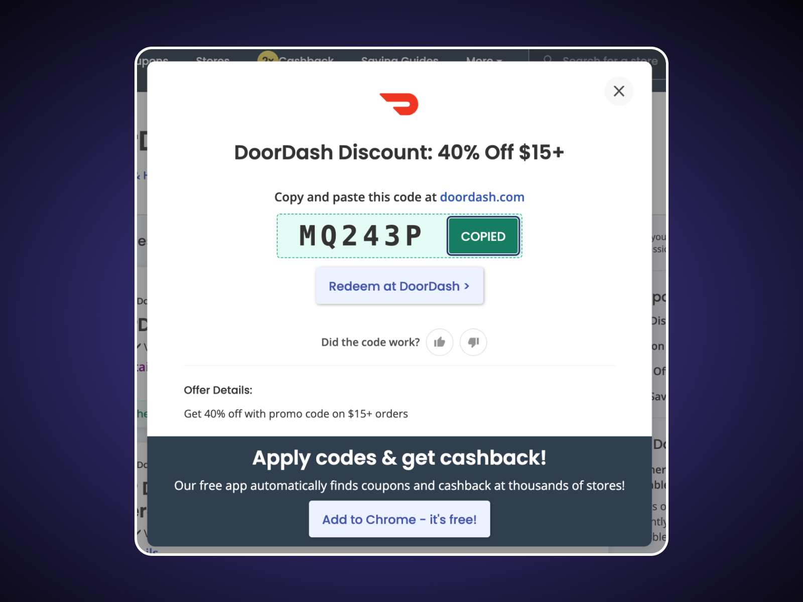Screenshot of copying promo code for CouponFollow to be used on DoorDash