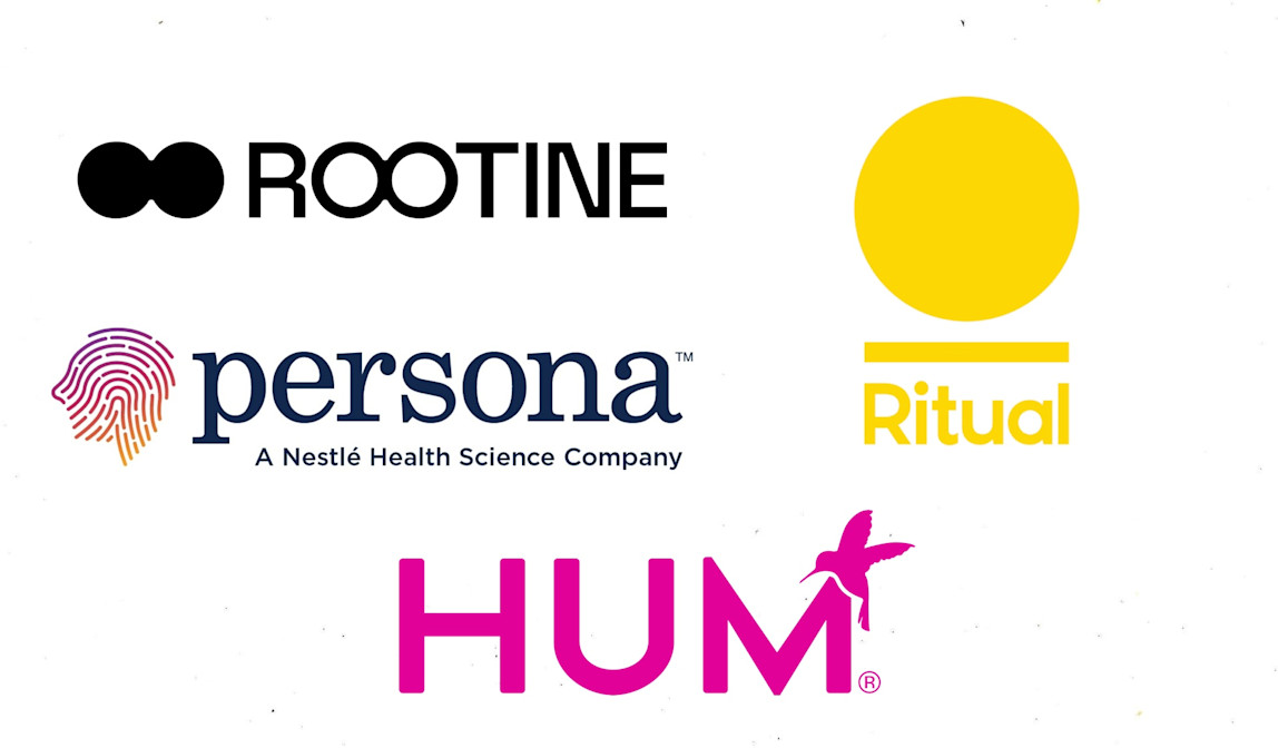 Different vitamin brand logos including Rootine, Persona, HUM Nutrition, and Ritual 