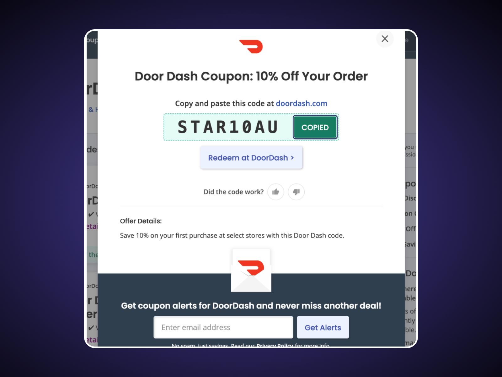 Screenshot of copying promo code STAR10AU for CouponFollow to be used on DoorDash