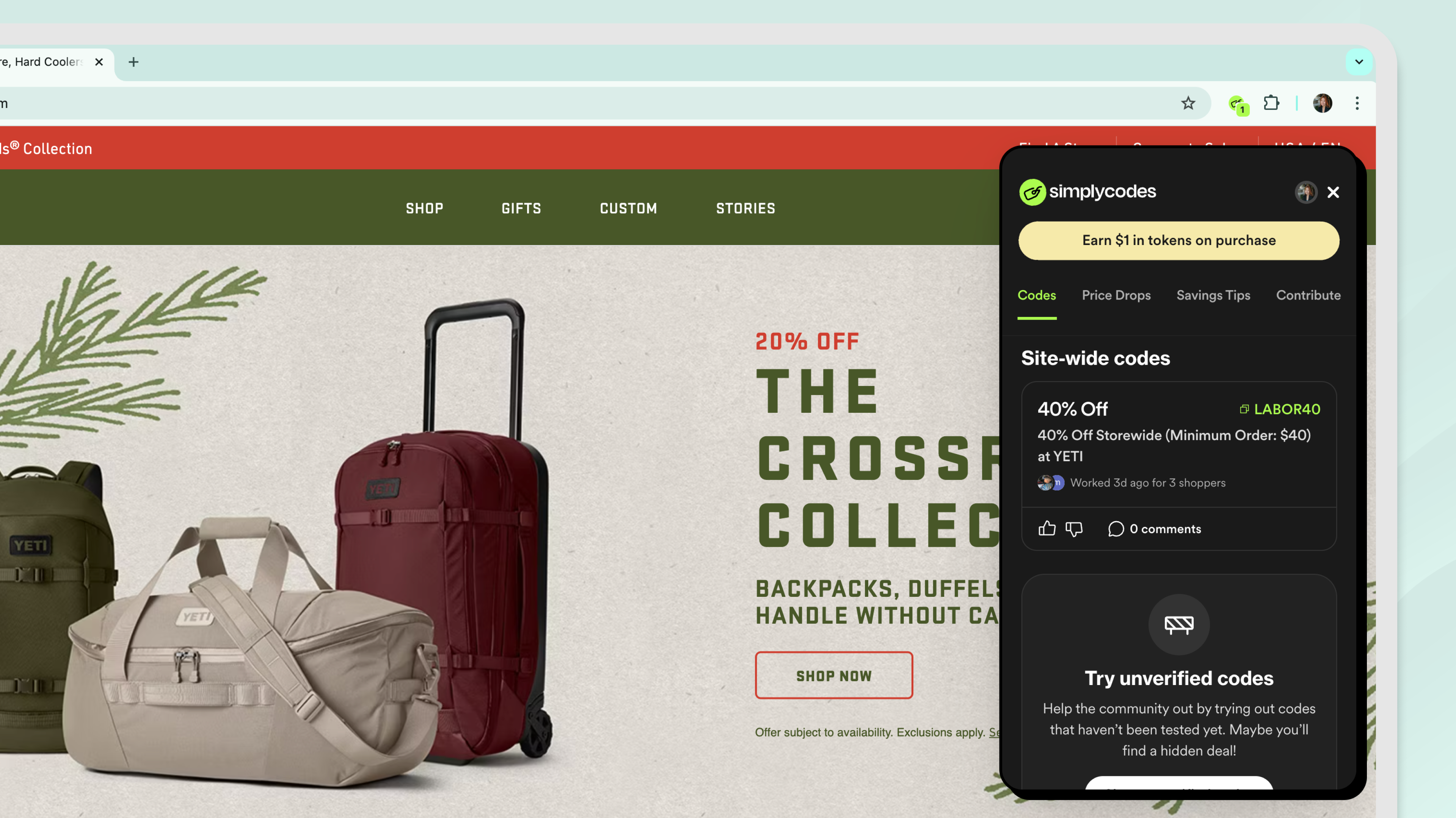 Showing the pop-up SimplyCodes browser extension when shopping on site Yeti 