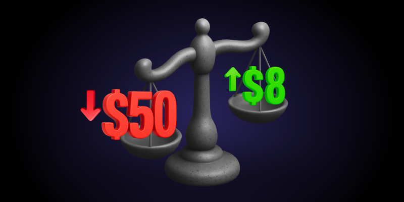 Scale/balance icon. Left side shows "$50" and down arrow. Right side shows "$8" and up arrow. Simple three-element comparison. Showing why promo code companies lie for profit