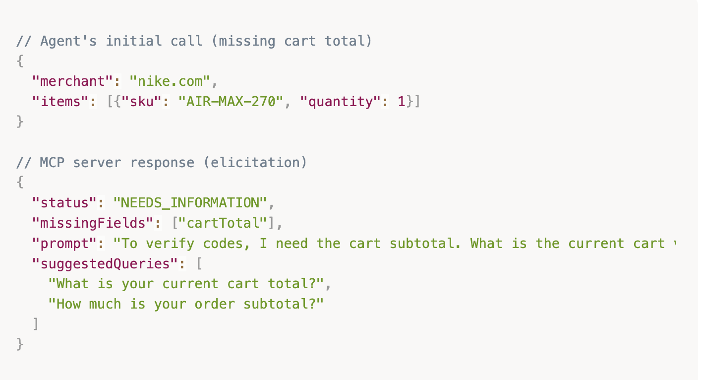 A JSON schema example for SimplyCodes promo code showing MCP server doesn't return failure. It returns a Sampling Request that forces the agent to gather more information