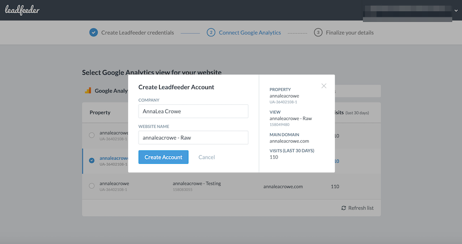 create leadfeeder account