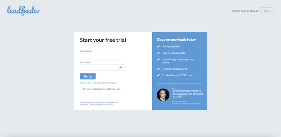 Leadfeeder sign up step 1