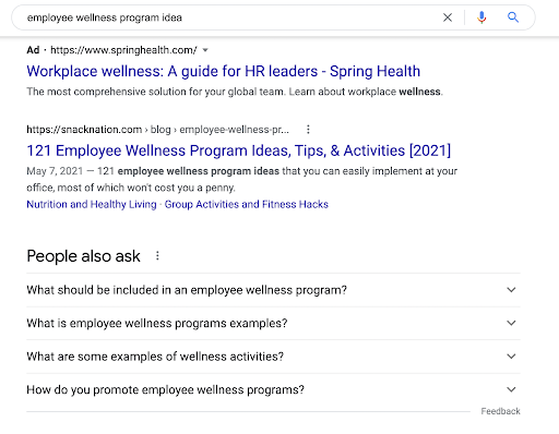 Screenshot of employee wellness idea Google search