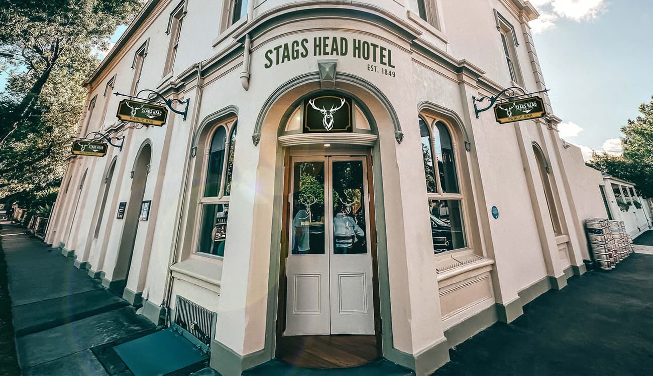 The classic exterior double doors of the local favourite corner pub, Stags Head Hotel, in Williamstown.