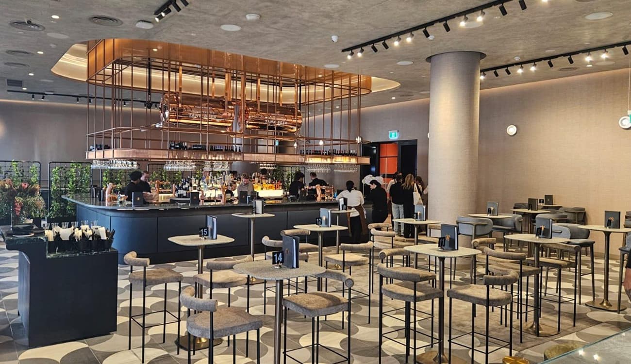 The lavish and eye catching interior bar canopy and dining space at Friend Of Fire in Docklands.