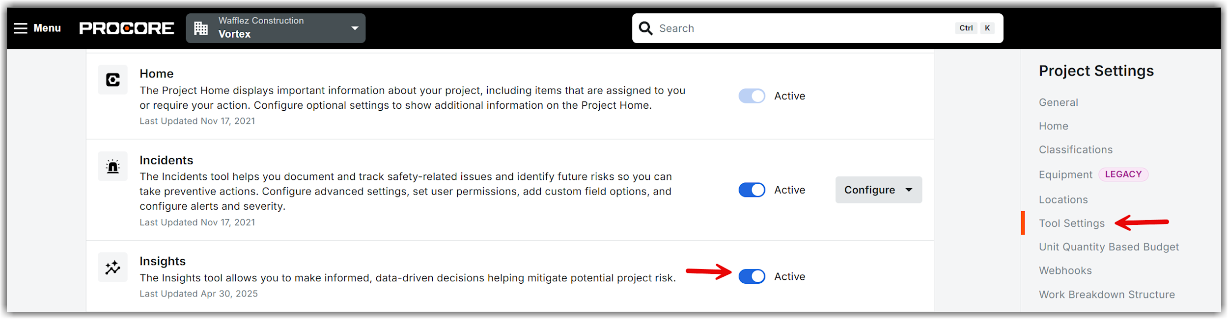 This image shows the Enable Insights toggle in the Project Admin tool.
