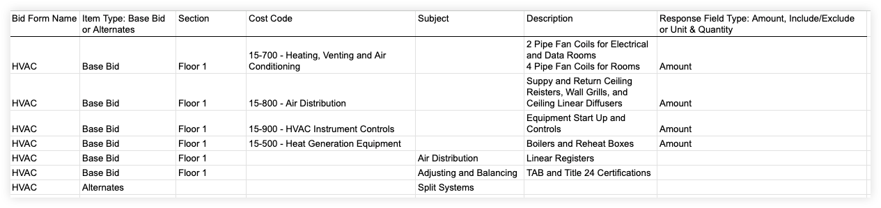 Table showing HVAC bid form data with columns for item type, section, cost code, subject, description, and response field type.