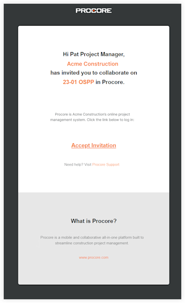 Procore invitation email to collaborate on project 23-01 OSPP, showing accept button and brief platform description.