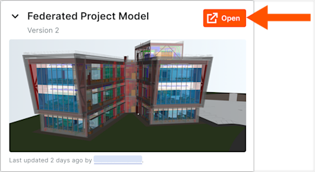 This image shows the Open button on the Federated Project Model card on the Admin view of the Model Manager landing page.