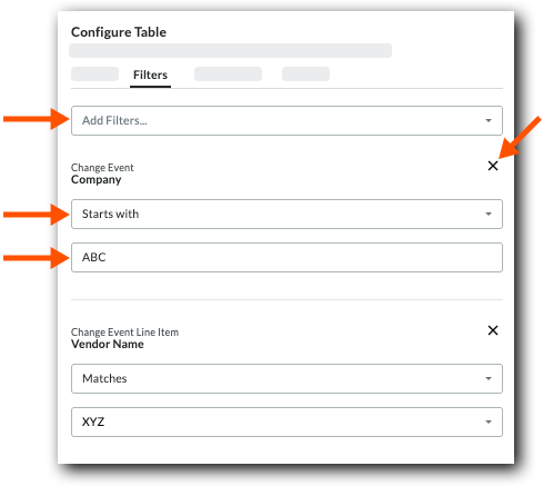 This screencapture shows the add filters and conditions drop-down lists in the Filters tab of a 360 report.