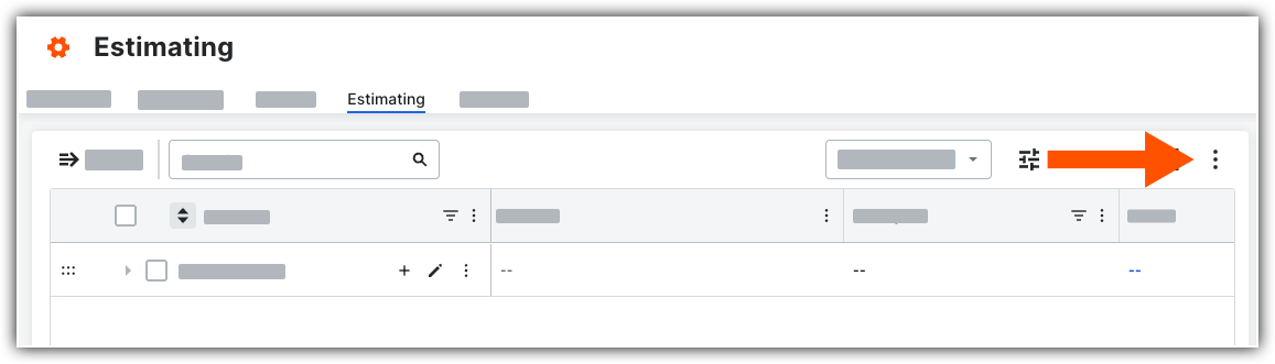 Estimating interface screen with navigation tabs, search bar, and an orange arrow pointing to menu options.