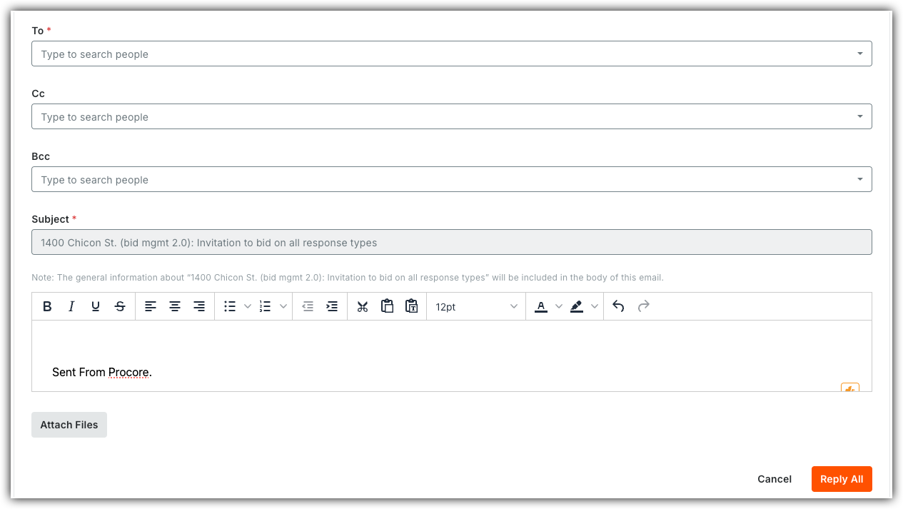 Email composition interface showing a bid invitation form with To, Cc, Bcc fields and formatting toolbar for a Procore message in the Bidding tool.