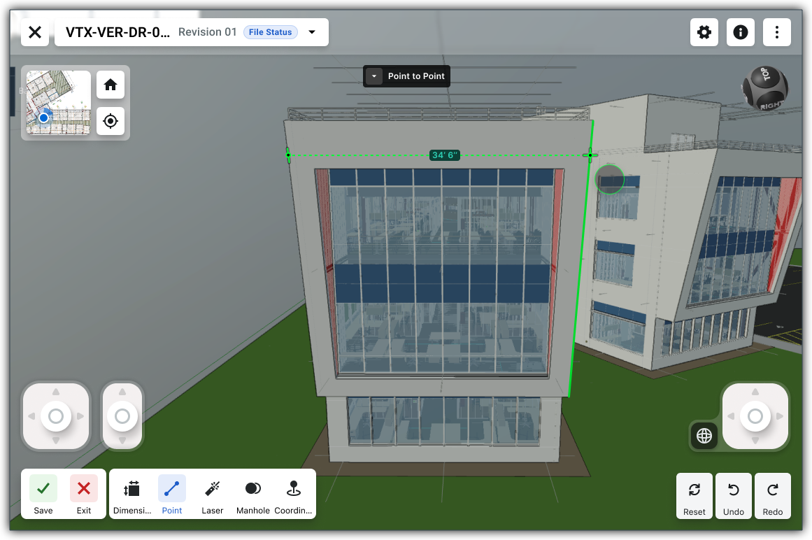 This image shows a Point to Point measurement for the face of a building in a 3D model in the Next Gen Viewer of the Model Manager tool. 