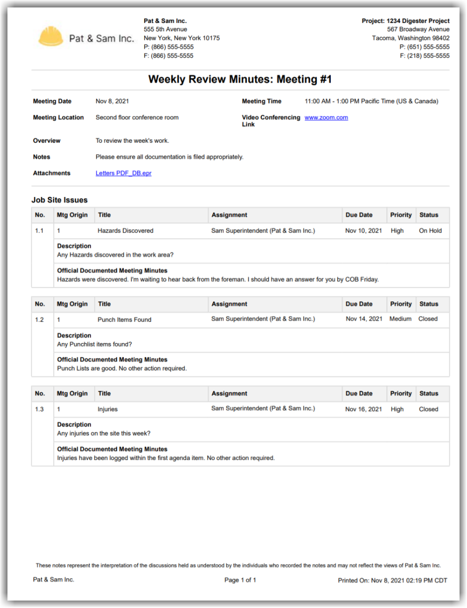This image is an example of the exported meetings PDF without the attendee table.