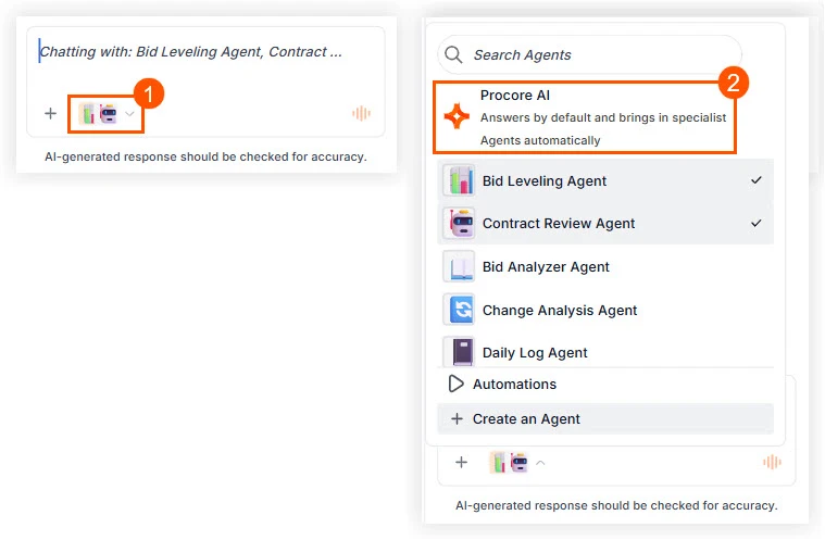 How to return to Auto mode in Procore AI or Datagrid after having manually selected an agent.