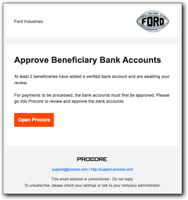 Sample notification email requesting approval of beneficiary bank accounts with Procore Pay.