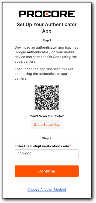 Use the Authenticator app's camera to scan the QR code on the Procore page. Then enter the 6-digit code from the Authenticator app in the box on the Set Up Your Authenticator App page before clicking the Continue button.