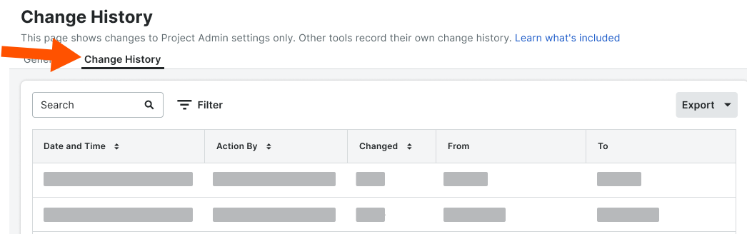 Project Settings menu with Change History selected, showing options like General, Classifications, Locations, Equipments (Beta), and more.