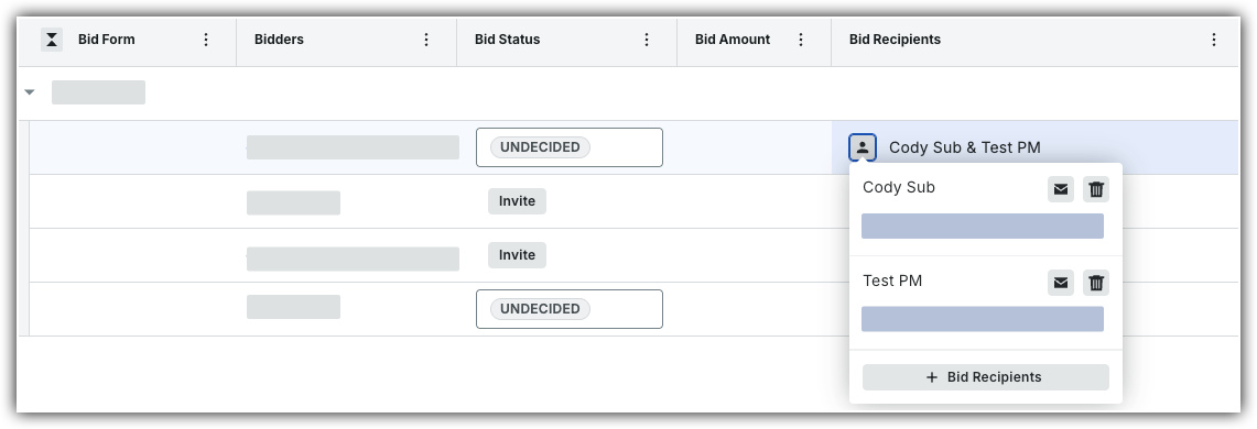A bid management table showing columns for Bid Form, Bidders, Bid Status, Bid Amount, and Bid Recipients, with a popup displaying recipients Cody Sub and Test PM.