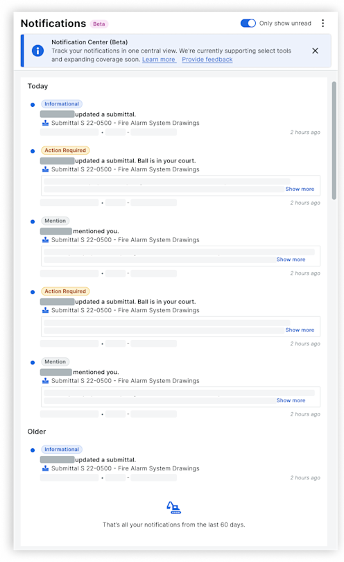 This image shows an example of a card in Notifications side panel, which is a feature of the Procore Notification Center.