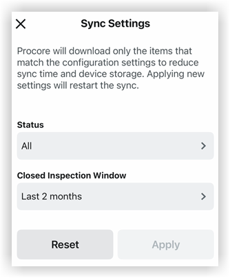 Procore mobile Sync Settings screen showing Status set to All and Closed Inspection Window set to Last 2 months.