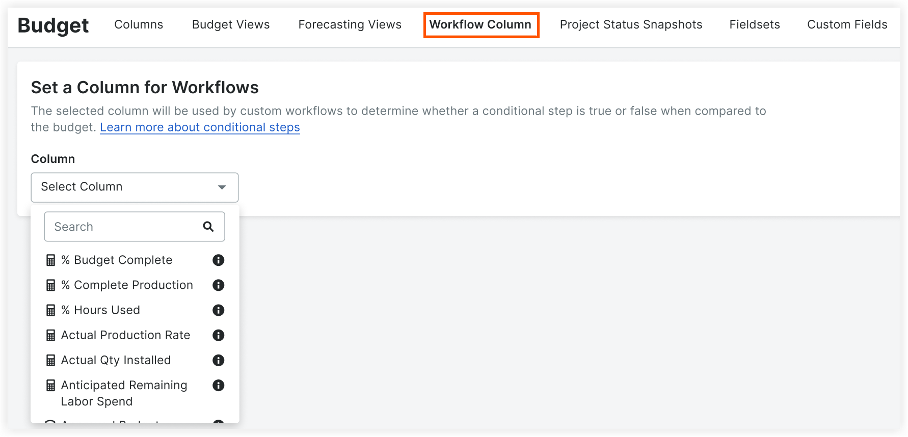 Budget settings page showing Workflow Column tab selected, with a dropdown menu listing budget column options for workflow configuration.