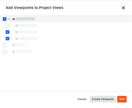 This image shows the Add Viewpoints to Project Views window with two viewpoints selected and the Create Viewpoint and Add buttons active.