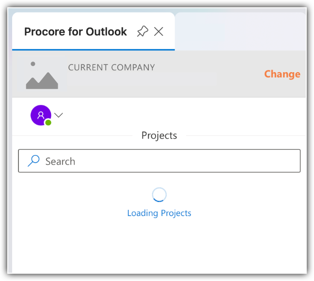 Procore for Outlook panel showing current company, user profile icon, Projects search bar, and a loading projects spinner.