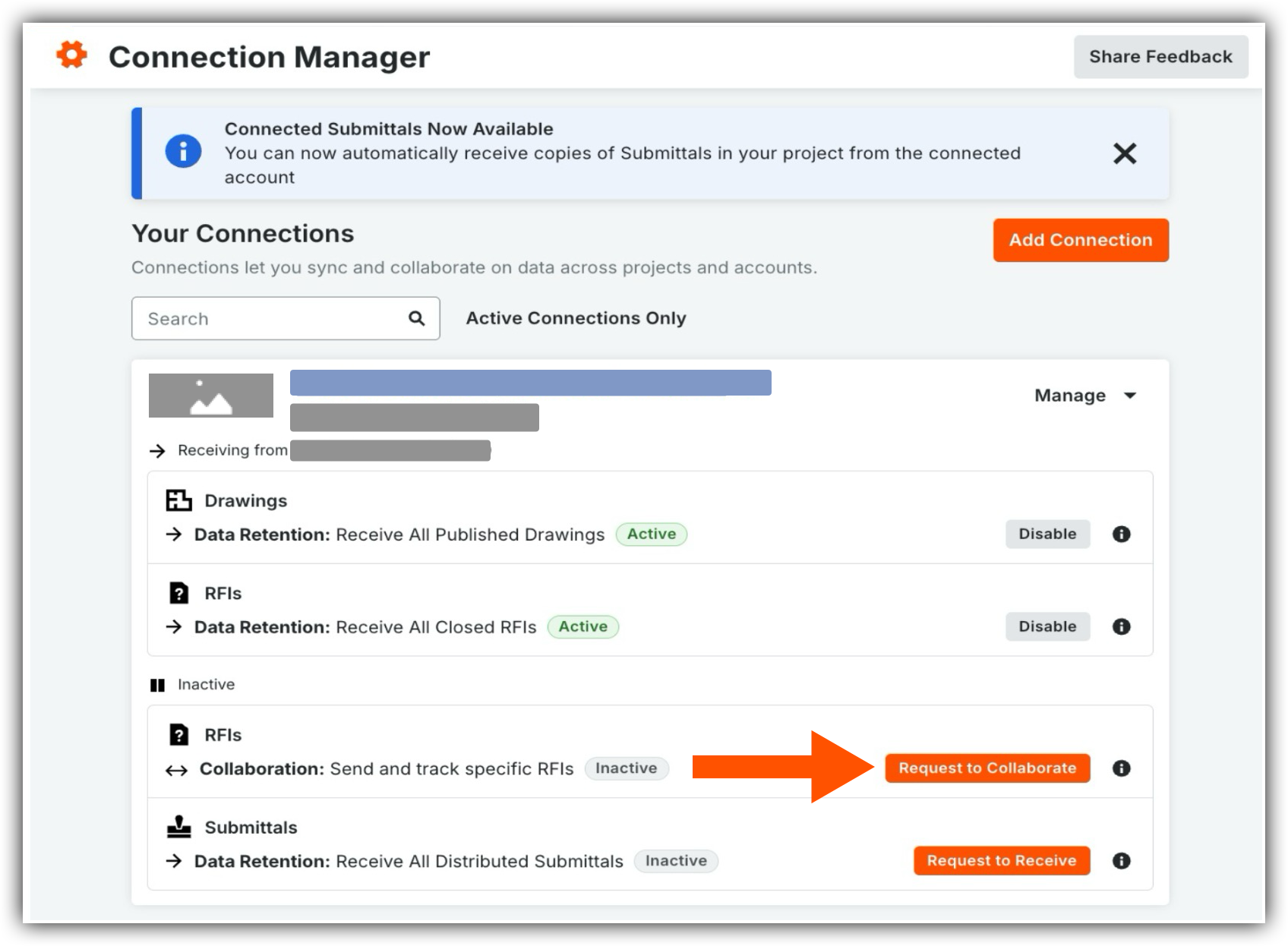 Connection Manager interface showing active and inactive connections with an arrow pointing to the 