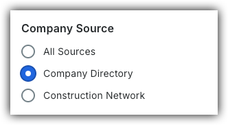 Company Source filter with three radio button options: All Sources, Company Directory (selected), and Construction Network.