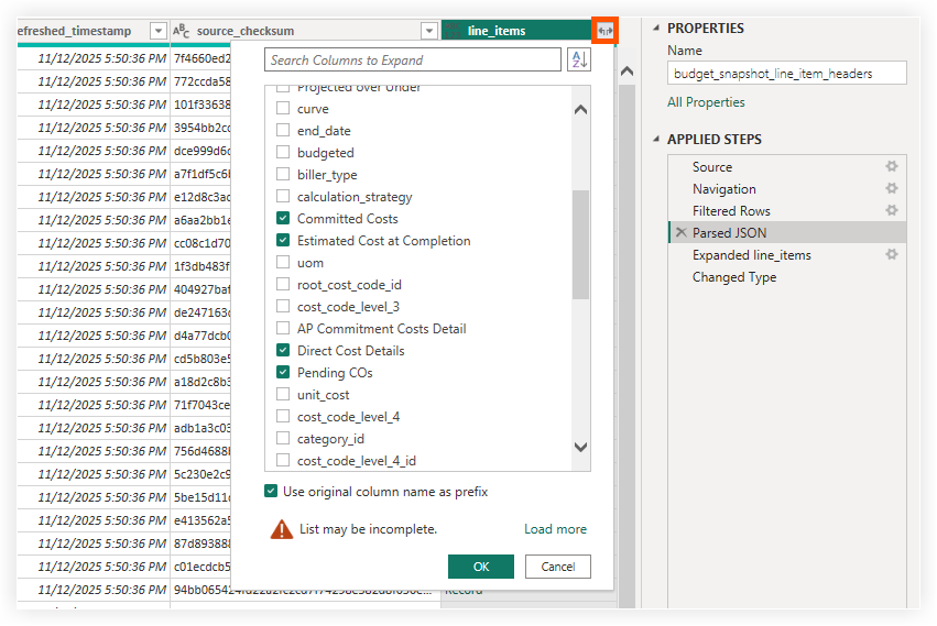Analytics - Expand Line Items (JSON) Column