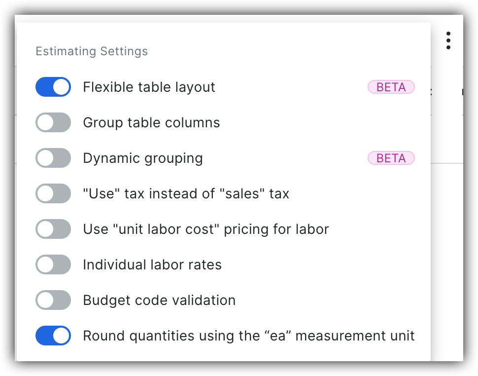 What are the functions of the Estimating toggle Settings? FAQ screenshot