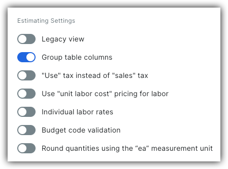 What are the functions of the Estimating toggle Settings? FAQ screenshot