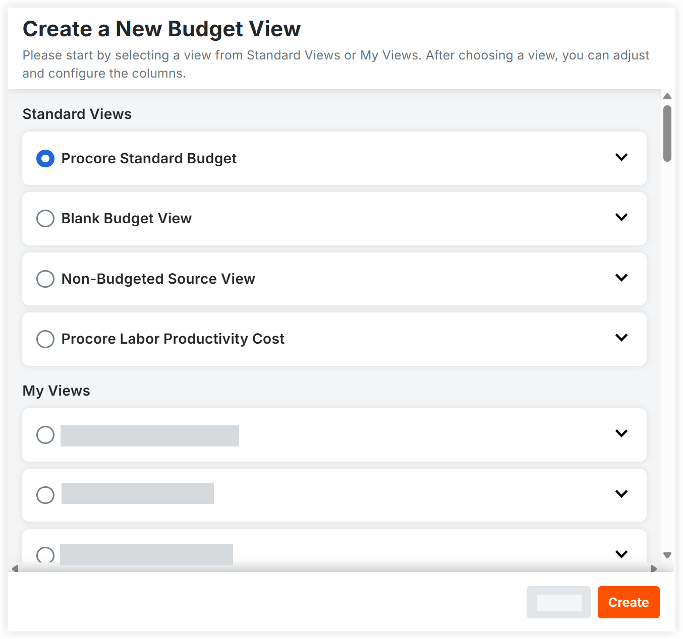 Create a New Budget View dialog with Standard Views options and My Views section, Procore Standard Budget selected.