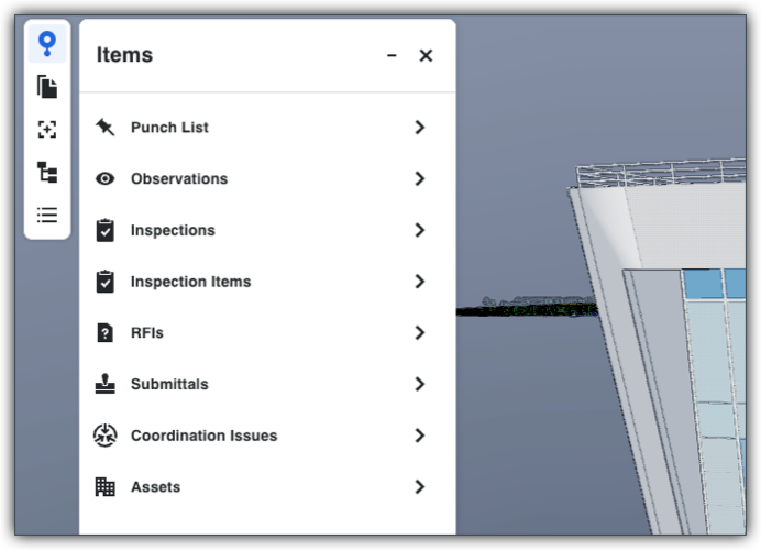 This image shows the Items icon and panel in the left toolbar of the Next-Gen Viewer in the Model Manager tool with a list of connected Procore tools. 