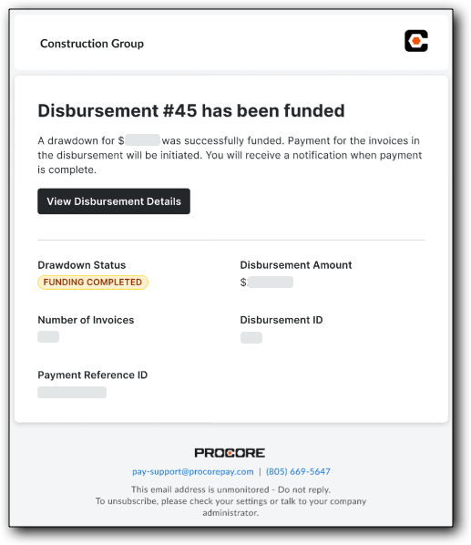 Email notification from Procore showing successful funding of Disbursement with status 
