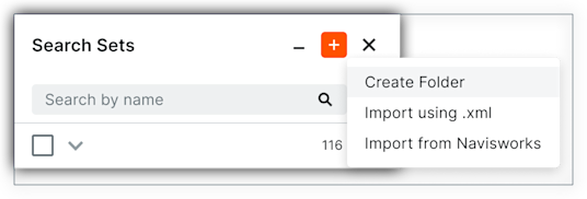 This image shows the Create Folder menu option which is accessed by clicking the Plus (+) button in the Search Sets panel of the Next-Gen Viewer in the Model Manager tool. 