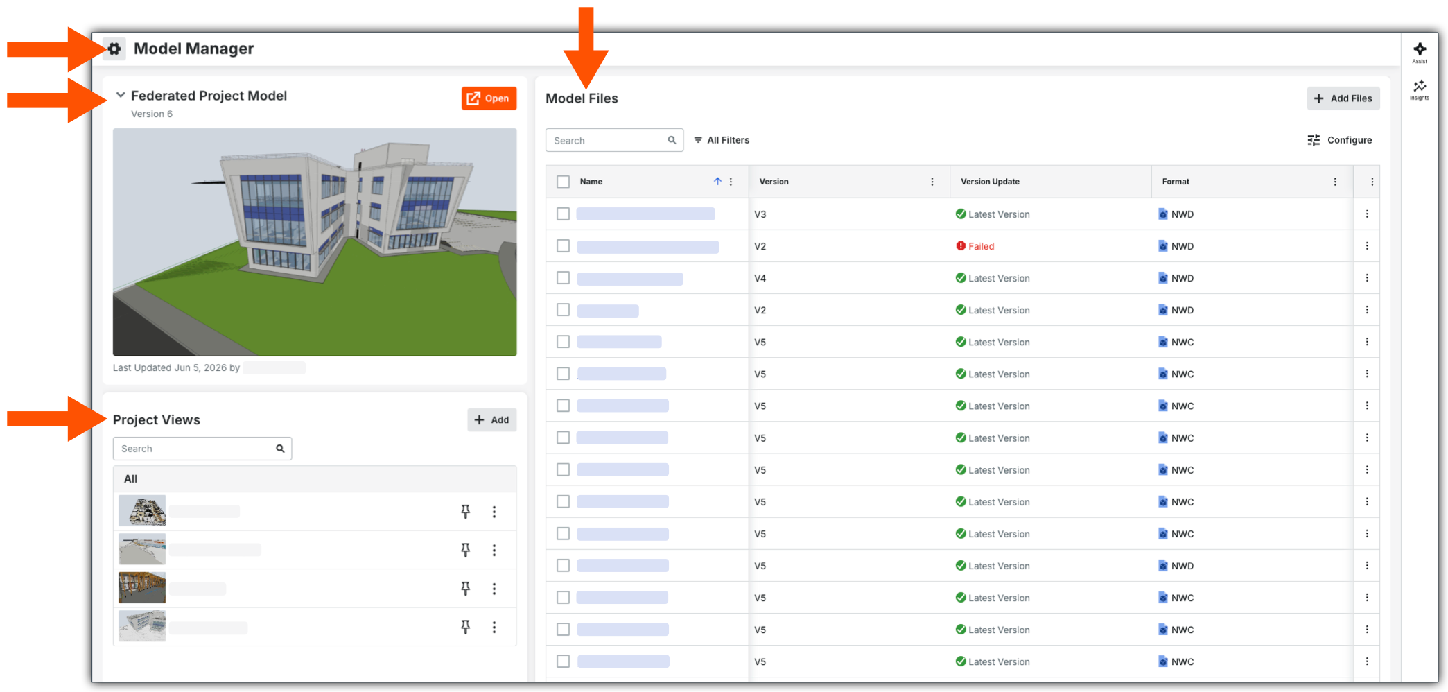 This image shows the default Admin view of the Model Manager landing page with pointers to the Configure Settings page and these cards: Federated Project Model, Model Files, and Project views