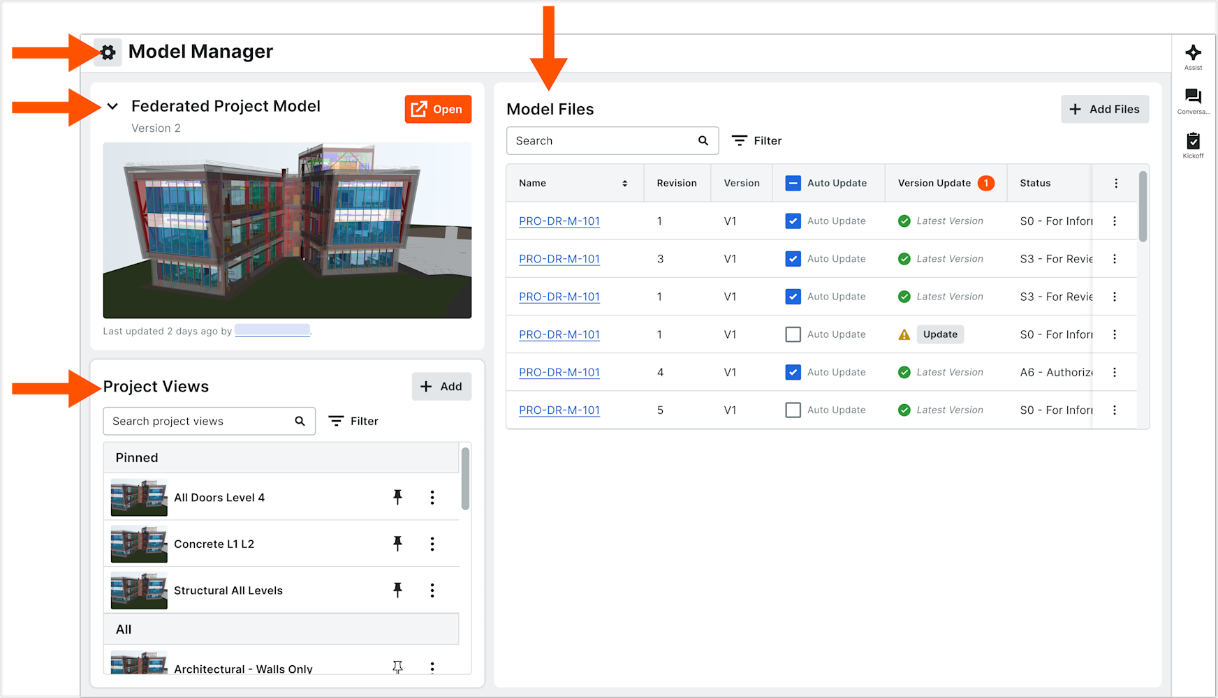 This image shows the default Admin view of the Model Manager landing page with pointers to the Configure Settings page and these cards: Federated Project Model, Model Files, and Project views