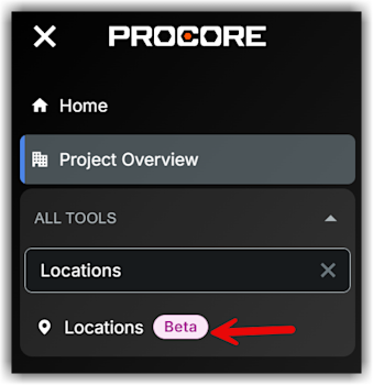 This image shows the Locations (Beta) tool on the Project-level Procore web application.